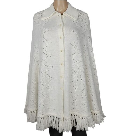 Vintage 70's White Knit Poncho Cape - Picture 1 of 10
